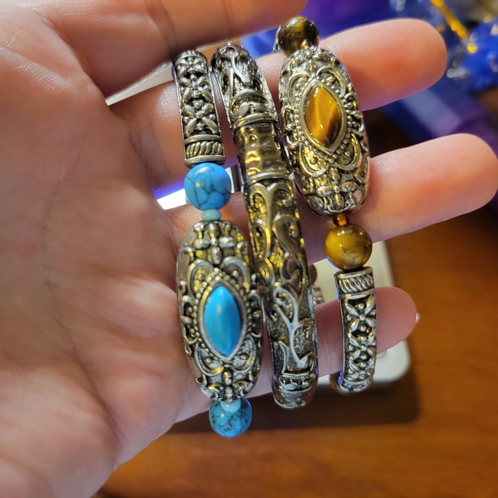 All 3 Silver Tone Stretch Bracelets • Tiger’s Eye, Faux Turquoise & Mixed Beads